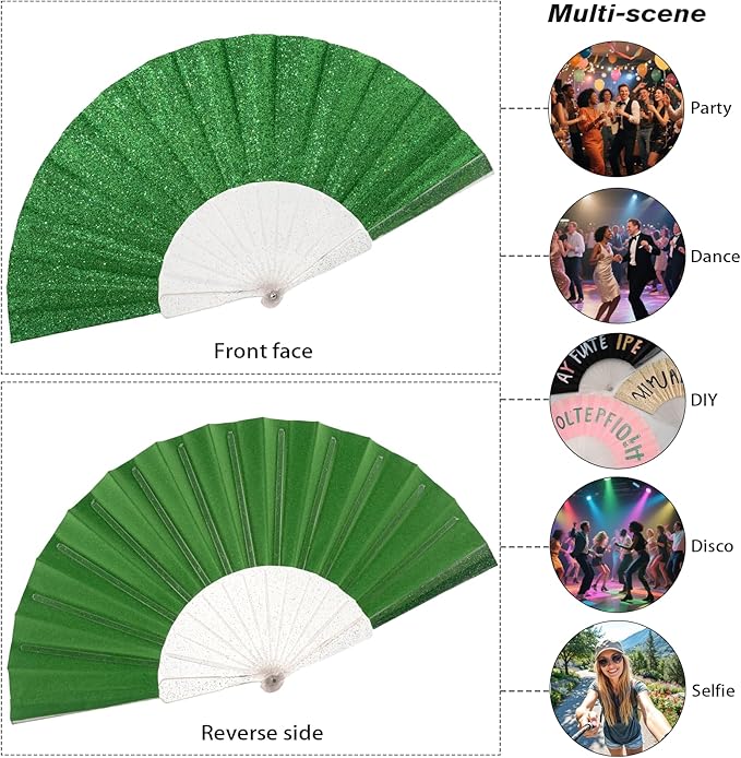 48 Pack Handheld Fan,Folding Hand Glitter fan with Shining Transparent Fan Rib – Ideal for Wedding, Church, Festival, Dance, Tea Party, Club, and EDM Accessories, Light green