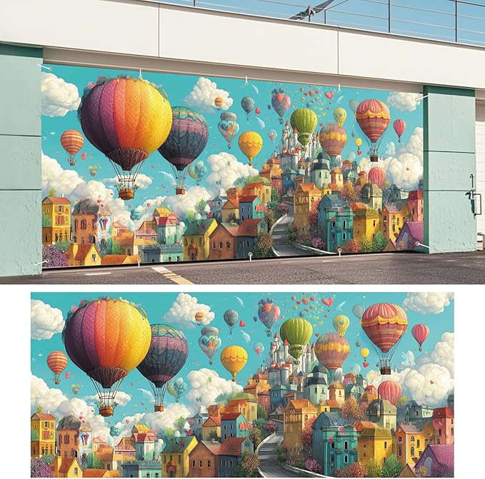 Hot Air Balloon Fantasy Garage Door Banner 7x16FT, Colorful Balloon & Sky City Garage Door Cover, Vibrant Outdoor Decoration for Spring & Summer