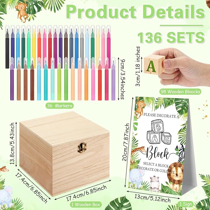 Marsui 136 Pcs Baby Shower Blocks to Decorate Game Kit Includes 98 Wooden Blocks, 36 Markers, 1 Game Sign, 1 Storage Box for Baby Shower Gender Reveal Activity Party Decorations(Animal)