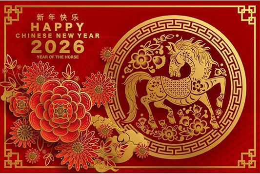YongFoto 2026 Happy Chinese New Year Backdrop 10x6.5ft 2026 Lunar Year of The Horse Lucky Cloud Plum Bossom Red Gold Background Chinese Traditional Spring Festival New Year's Eve Party Banner Decor
