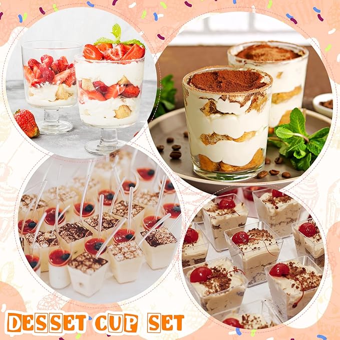 300 Pack Clear Mini Dessert Cups with Spoons 3oz 5oz Plastic Square Parfait Round Goblet Appetizer Shooter Cups for Baby Shower Wedding Party Picnic Yogurt Fruit Pudding Ice Cream Cake