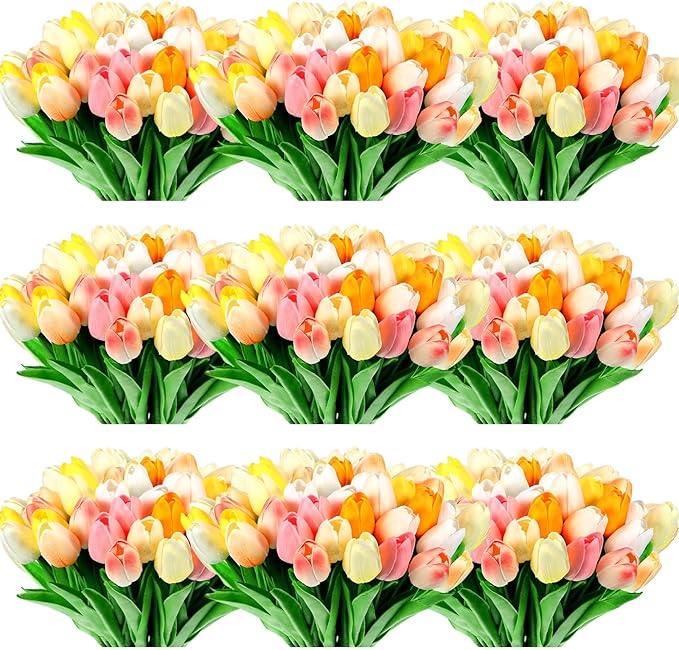 Jexine 100 Pcs Artificial Real Touch Tulips Fake Artificial Tulip Flower Bulk Bouquet with Stem for Table Centerpieces Wedding Bridal Easter Mother's Day Garden Home Decor, 13.4''(Colorful)