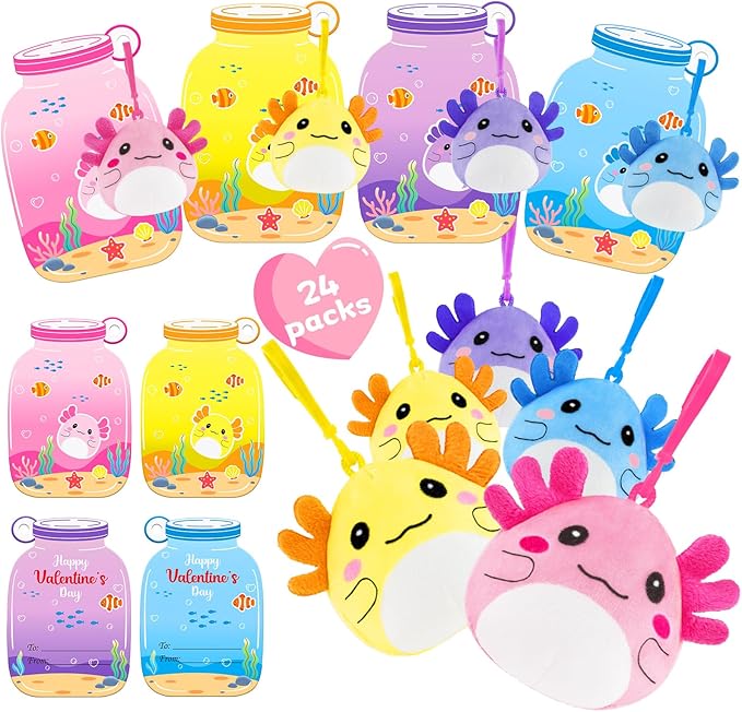 Valentines Day Cards Gifts for Kids Classroom, 24 Pack Axolotl Plush Toy Keychains with Valentines Greeting Cards for Boys Girls Toddlers, Stuffed Animals Set for Class Student School Exchange Party Favors