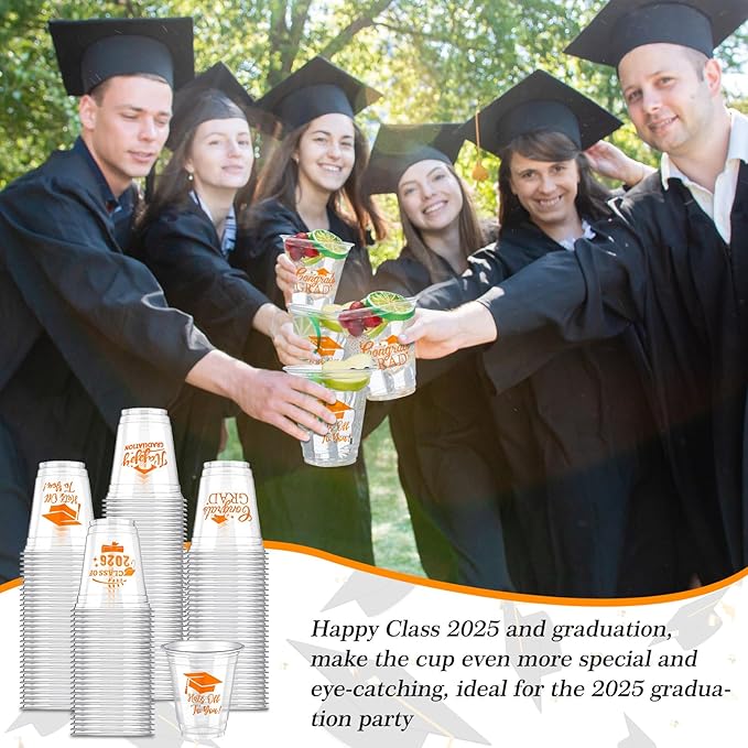 Eaasty 100 Pcs 12oz Graduation Cups 2026 Disposable Plastic Cups for Class of 2026 Graduation Party Congrats Grad Elegant Party Supplies Tableware Decorations (Orange)