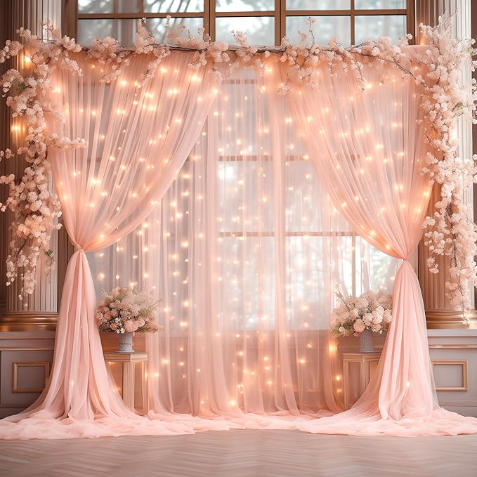 20x8ft Peach Tulle Backdrop Curtain with Lights String for Parites, Sheer Photo Backdrop Curtains with Lights for Wedding Backdrop Ceremony Reception Bridal Shower Baby Shower Birthday Party