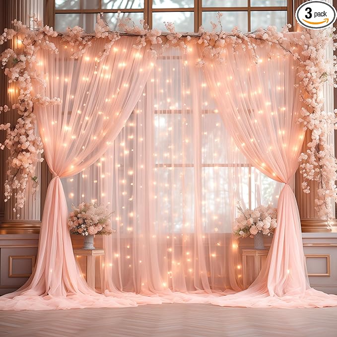 30x8ft Peach Tulle Backdrop Curtain with Lights String for Parites, Sheer Photo Backdrop Curtains with Lights for Wedding Backdrop Ceremony Reception Bridal Shower Baby Shower Birthday Party