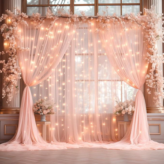 30x10ft Peach Tulle Backdrop Curtain with Lights String for Parites, Sheer Photo Backdrop Curtains with Lights for Wedding Backdrop Ceremony Reception Bridal Shower Baby Shower Birthday Party