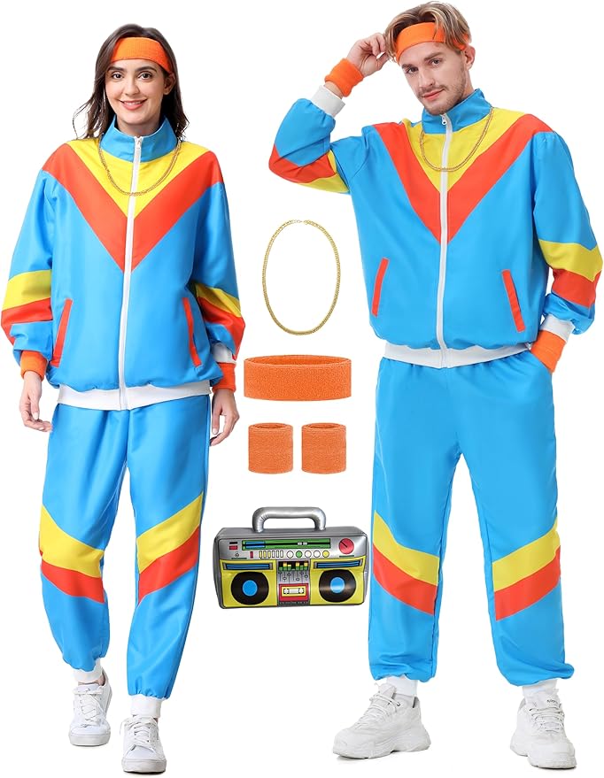 80s Tracksuit for Men Women 90s Retro Windbreaker Outfit 80s Costume for Couples 80s Track Suit for Adult