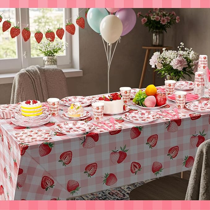 452 Pcs Strawberry Birthday Party Decorations for 50, Strawberry Paper Plates Napkins Cups Tablecloth Cutlery Straws for Berry First Birthday Themed Baby Shower Party Supplies