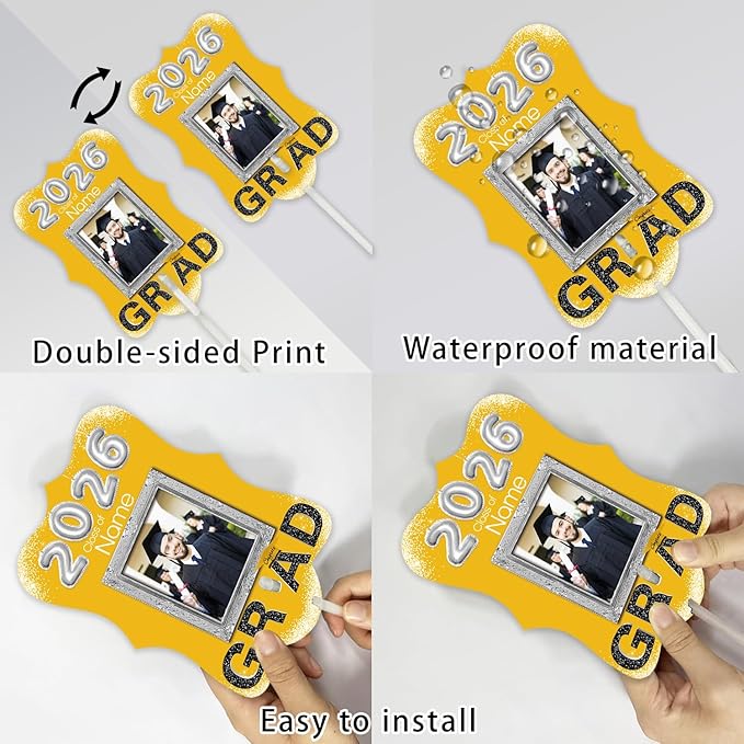 Personalized Graduation Double Sided Face Fan Class of 2026 Customized Graduation Head Face Cutout with Handle Fun Photo Prop Supplies(A-Gold and Black,12pcs)