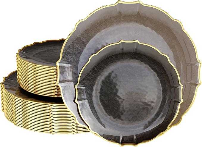 Exquisite Plastic Plates for Party 40 Piece Fancy Plastic Dinner Plates For 20 Guests 20 X 7.5 Dessert Plates & 20 X 10 Thin Delicate Disposable Dinnerware Charger Plate Black Smoke Gold Rim