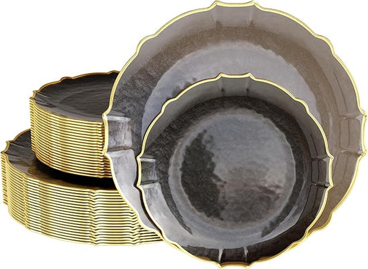 Exquisite Plastic Plates for Party 40 Piece Fancy Plastic Dinner Plates For 20 Guests 20 X 7.5 Dessert Plates & 20 X 10 Thin Delicate Disposable Dinnerware Charger Plate Black Smoke Gold Rim