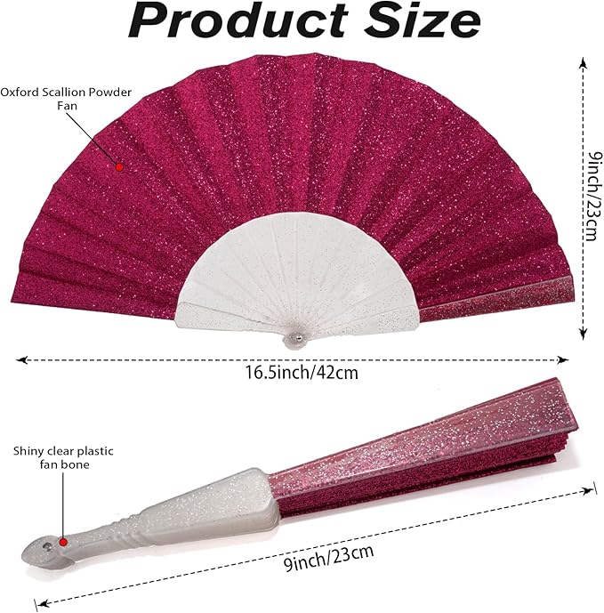 24 Pack Handheld Fan,Folding Hand Glitter fan with Shining Transparent Fan Rib – Ideal for Wedding, Church, Festival, Dance, Tea Party, Club, and EDM Accessories, Deep pink