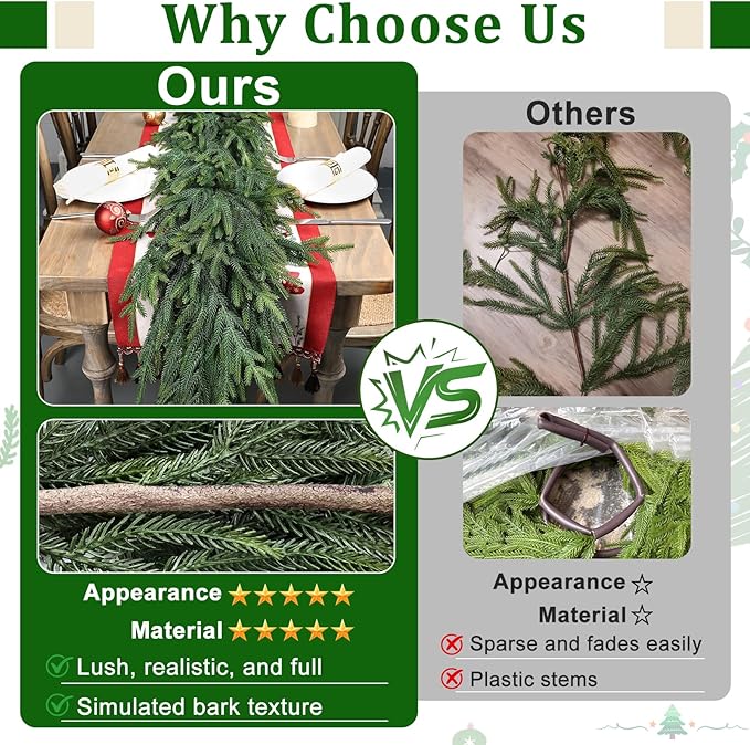 Artgar 24Ft (4 * 6ft) Christmas Pine Garland, 4 Pcs Real Touch Pine Garland, Artificial Realistic Greenery Garlands for Mantle Table Stair Window Porch Indoor Outdoor Winter Xmas Holiday Decorations