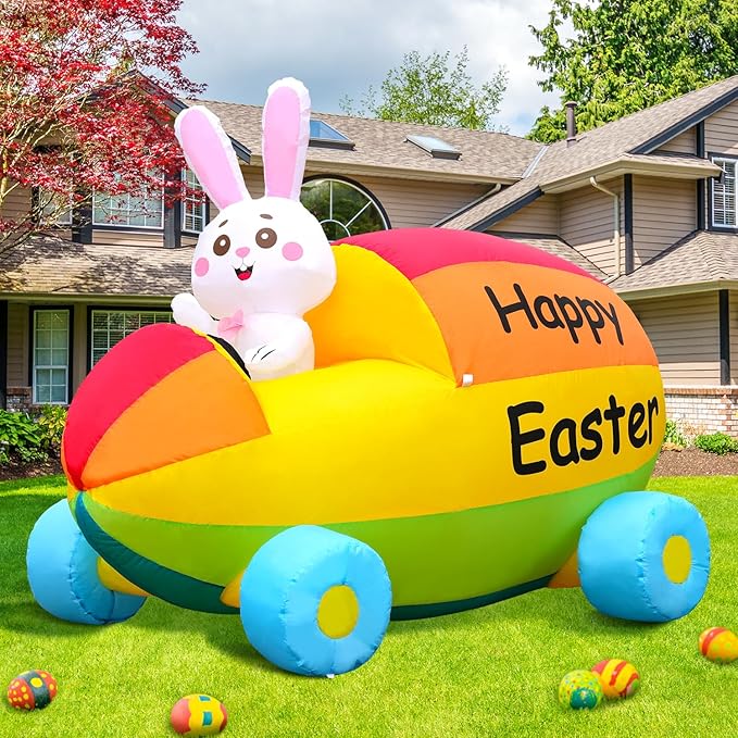 2025 New Huge Easter Inflatable Bunny Driving Car Outdoor Decorations, Build-in LED Lights Holiday Blow Up Yard Decoration, for Easter Holiday Party, Outdoor,Garden, Yard Lawn Décor