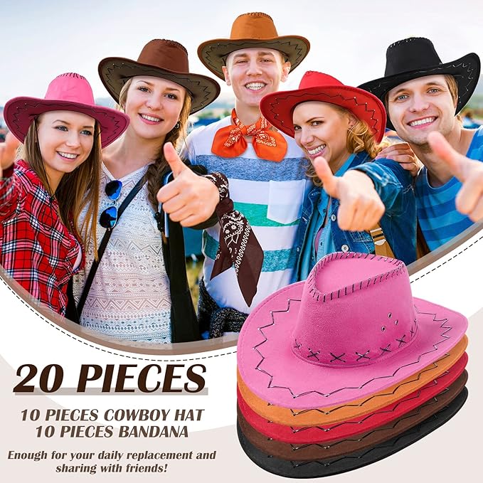 Coume 10 Set Cowboy Hat and Bandana for Women Men 10 Felt Cowgirl Cowboy Hat Bulk 10 Western Bandanas for Adult Costume Party