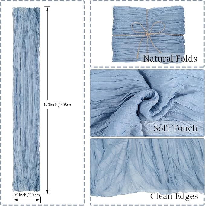 combocube 12 Pack 35x120 Inch 10Ft Cheesecloth Long Table Runner Gauze Rustic Romantic Table Cloth for Wedding Reception Bridal Shower Holiday Birthday Party Table Decorations, Dusty Blue