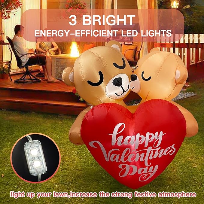 Valentines Inflatables Outdoor 4FT Valentines Day Inflatable Couple Bear with Love Heart Lighted Valentines Day Decoration for Outdoor Yard Garden
