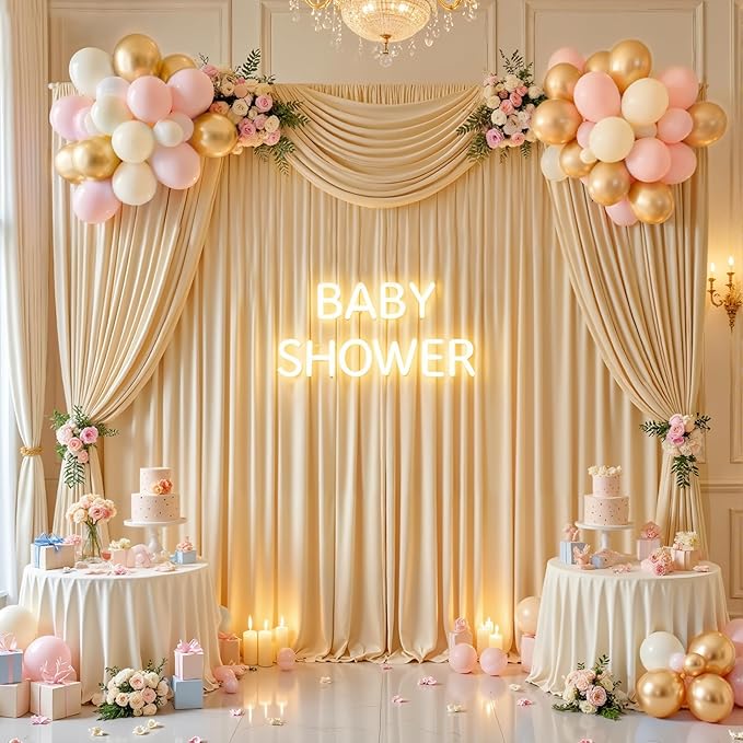 gogoparti 20x12ft Beige Backdrop Curtain for Wedding Parties, 4 Panels (5x12 ft Each) Wrinkle-Free Dackdrop Curtains, Silky Draping Fabric for Birthday Party, Baby Shower, Photo Background