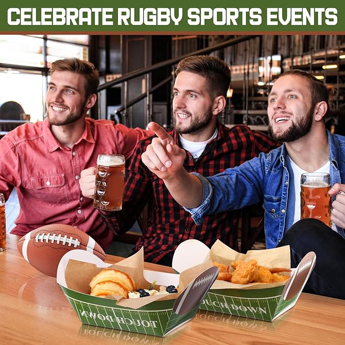 200 Pcs Football Party Decorations, 5 lb 100 Football Paper Food Trays Disposable Serving Trays Boats with 100 Grease Resistant Liner Papers for Birthday Party Supplies Sport Game Event Favors