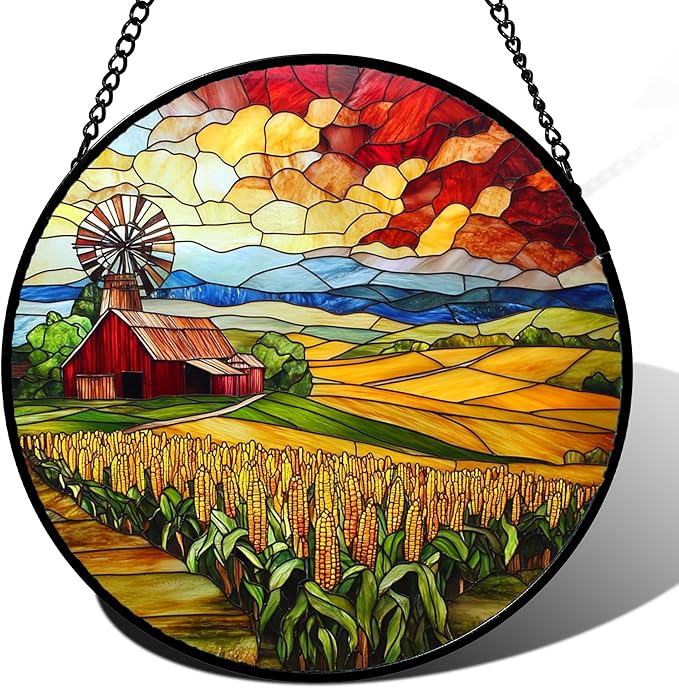 Stained Glass Window Hanging Autumn Farm Corn Harvest Landscape Large 11.8" - Suncatcher Garden Door Sun Catcher Home Decor Birthday Christmas for Woman Mom Friend Men Nana