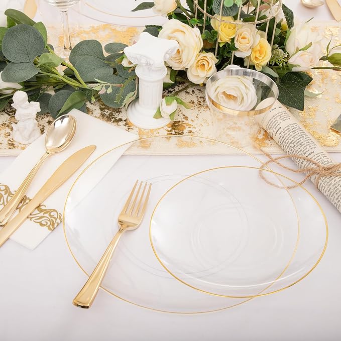 Nervure 100 Pieces Clear and Gold Plastic Plates - 10.25inch Gold Dinner Plate - Heavyweight Clear Disposable Plates Ideal for Party & Wedding