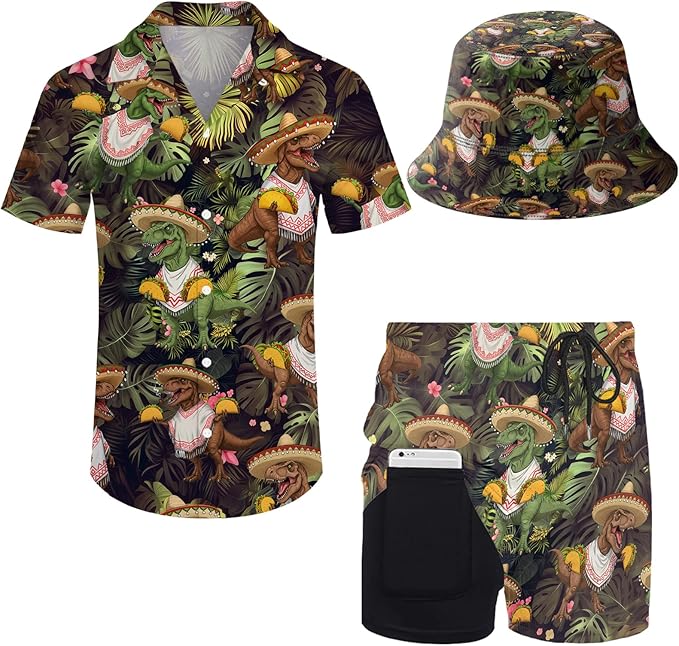 Men's Hawaiian Shirt and Shorts Set 2 Piece Beach Outfits with Bucket Hats for Beach Days and Summer Vibes