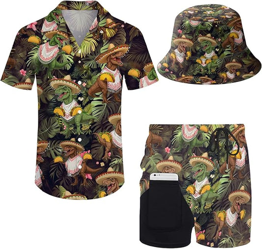 Men's Hawaiian Shirt and Shorts Set 2 Piece Beach Outfits with Bucket Hats for Beach Days and Summer Vibes