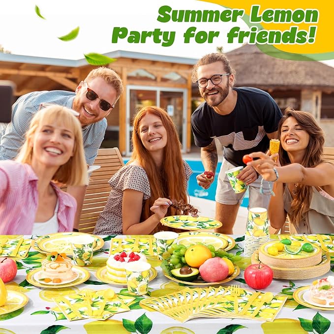 452 Pcs Lemon Party Decorations, Yellow Lemons Paper Plates Napkins Cups Tablecloth Cutlery Straws for Summer Fruit Theme Birthday Wedding Baby Shower Party Supplies, Serves 50