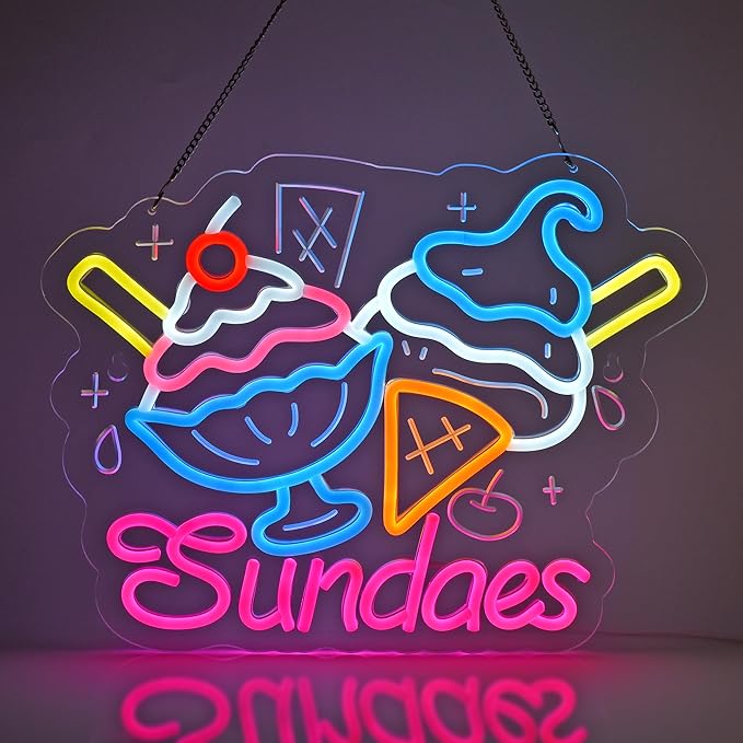 Sundaes Neon Sign, Neon Lights Hanging Wall Art Decoration for Ice Cream Dessert Shop Café Yogurt Store Summer-themed Event Home Decor, USB Powered Ultra Bright Dimmable, 15.75×12.2inches