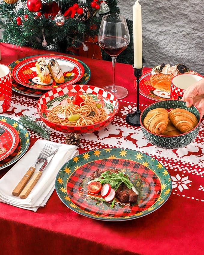 Hasense Dinnerware Set of 4, Ceramic Holiday Plates and Bowls Sets with Mugs, 16 Pieces Chip & Scratch Resistant Party Serving Dishes for New Year Gift, Microwave and Dishwasher Safe