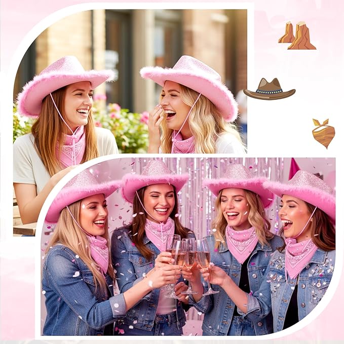 Coume 12 Pcs Sparkly Adults Cowboy Hat and Bandanas Women Men Western Glitter Cowgirl Party Hats with Adjustable Drawstring