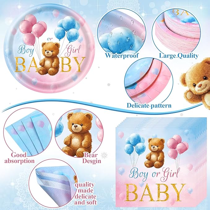 452 Pcs Bear Themed Gender Reveal Party Decorations for 50, Boy or Girl Gender Reveal Paper Plates Napkins Cups Tablecloth Cutlery Straws for Pink Blue Baby Shower Party Supplies