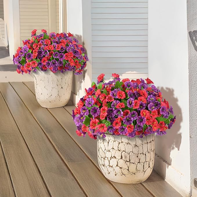 Homsunny Artificial Fake Hanging Flowers with Basket for Outdoors, Faux Silk Petunias Flower Spring Summer Decor UV Resistant Look Real for Home Outside Patio Front Porch Decorations