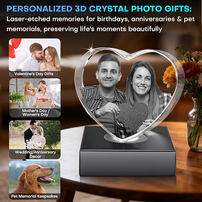 3D Crystal Photo,Valentine's Day Personalized Couple Gifts,for Women,Wife,Mom & Couples,Custom 3D Etched Photo Inside Heart Shape Sentimental Memorial Gift