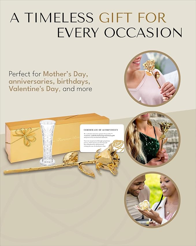 Forever Rose 24K Gold Dipped Real Rose – Handmade, Long-Lasting Preserved Flower in Glass Vase & Gold Box, Romantic Gift for Anniversary, Valentine's, Mother's Day, Birthday, Wedding, Wife, Girlfriend