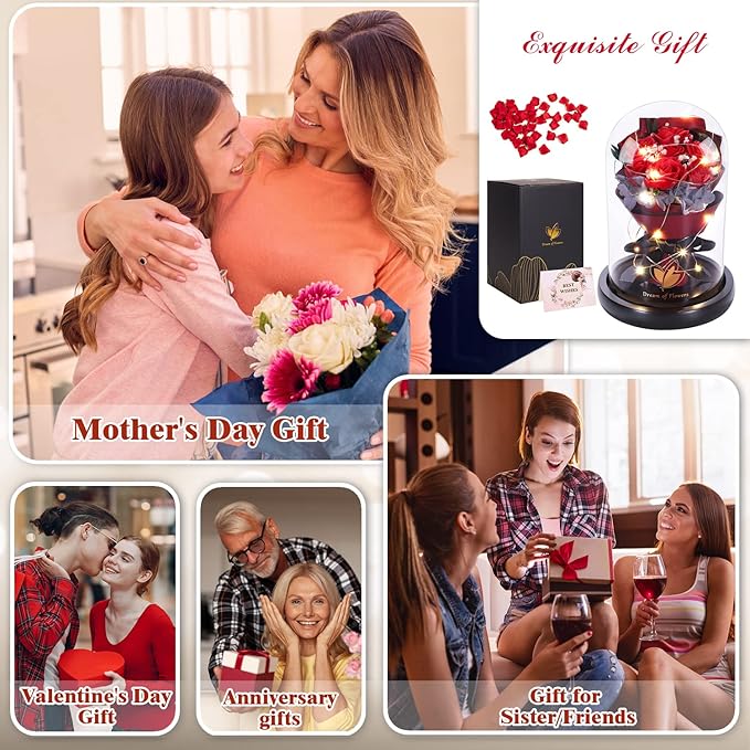 Valentines Day Gifts for Her,Birthday Gifts for Women,Beauty and the Beast Rose in Glass Dome with 2 Light Modes,Enchanted rose Flower Roses Bouquets Valentines Gifts for Daughter Mom Wife Girlfriend