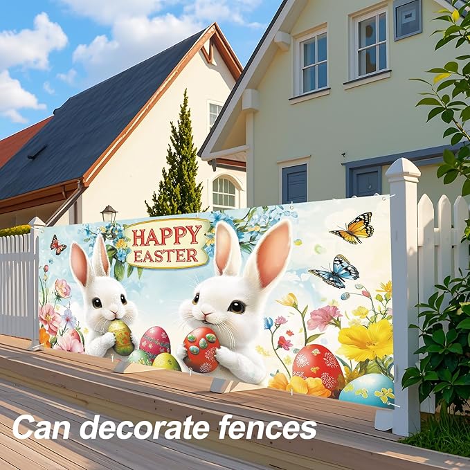 Happy Easter Garage Door Banner 7x16FT, Cute Bunny & Easter Eggs Garage Door Cover, Outdoor Spring Holiday Decoration for Garage, Front Yard, and Parties