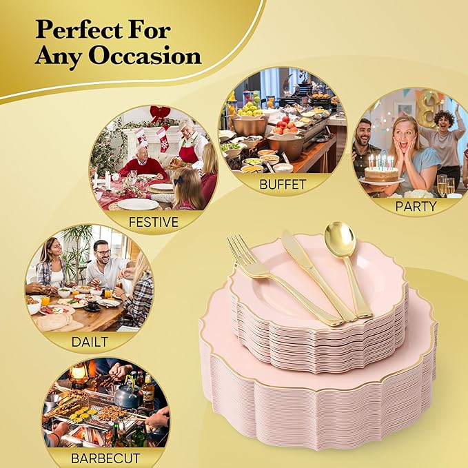 350 PCS Pink Disposable Plates, Scalloped Dinnerware Set for 50 Guests, 100 Plastic Plates, 150 Silverware, 50 Cups & 50 Paper Napkins, Pink