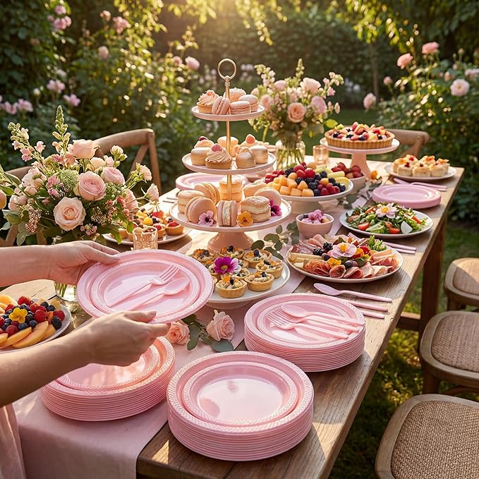 MirthMood 350pcs Pink Plates Disposable Including Pink Plastic Plates, 12OZ Cups, Plastic Cutlery and Napkins Serve 50 Guests for Spring Wedding,Birthday Party Dinner,Valentine's Day