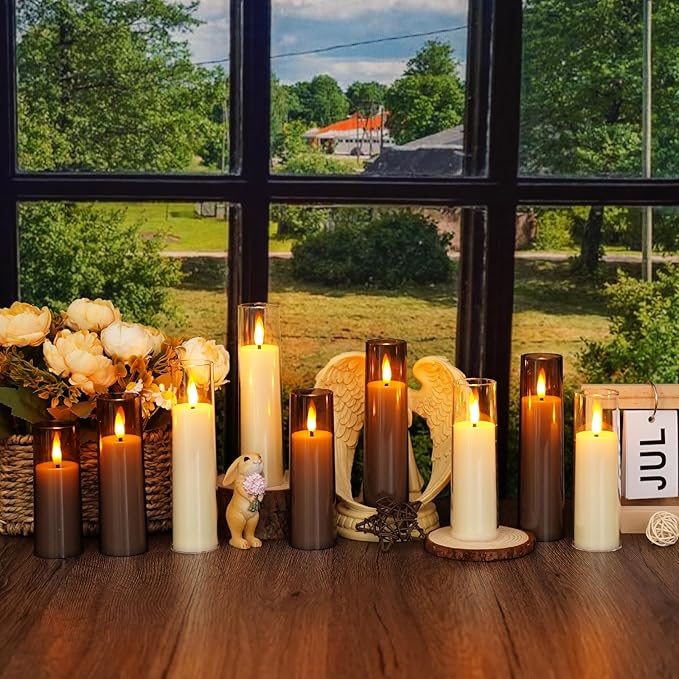 Flickering Flameless Candles, Battery Operated Acrylic LED Pillar Candles with Remote Control and Timer,Pack of 12,(D1.57 xH 4" 5" 6") for Holiday Decorations Home Decorations (Grey)