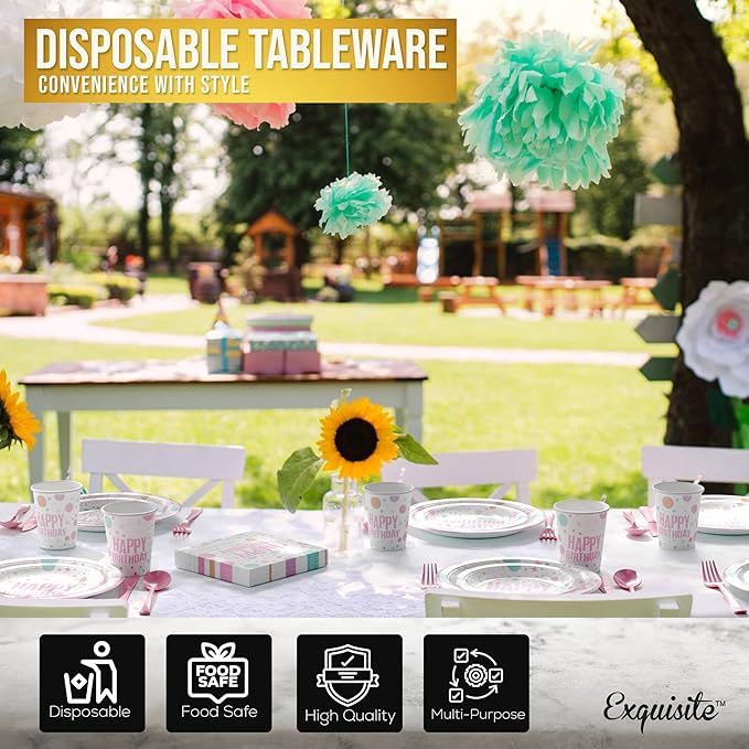 Exquisite 350 Pcs birthday Plastic Plates For Party, birthday Disposable Plates Set, 50 Of Each 9" Dinner Plate Set, 7" Dessert Plate, Cups, Napkins & Cutlery Plastic Dinnerware