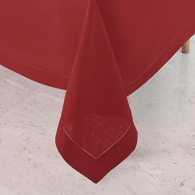 D'Moksha Homes Red Linen Tablecloth for Rectangle Tables 60 x 90 Inch - 100% Pure Linen Red Table Cloth - Classic Hemstitch, Machine Washable Tablecloth for Valentines, Spring