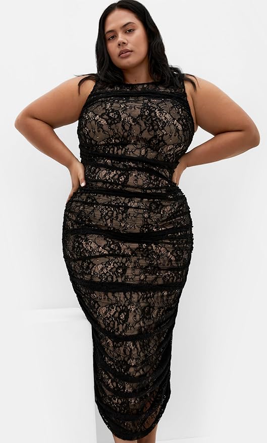 City Chic Women's Plus Size Dress - Halo Ruched Lace Midi