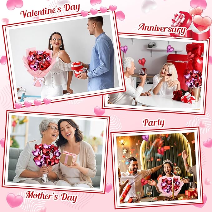100 Pcs Valentine's Day Self Inflatable Heart Balloons with Bow Stems Mini Heart Balloons Decoration for Valentine Wedding Anniversary Party Supplies Cake Toppers(Red,Rose Red,4 Inch)