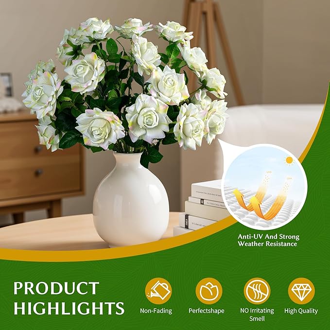 Artificial Flowers Artificial Roses Fake Roses 23.2In Long Stem Artificial Flowers for Tall Vase Silk Rose Suitable for Wedding Party Decor Valentine's Day DIY Bouquet Spring 20PCS (Green)