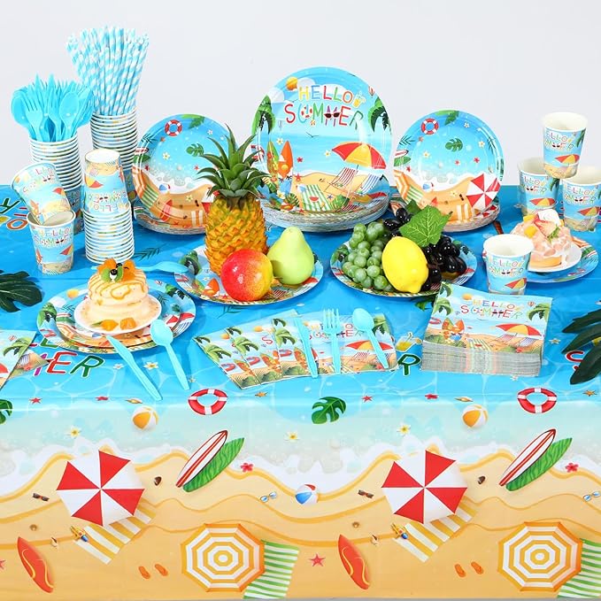 452 Pcs Hello Summer Party Decorations Beach Party Supplies for 50, Summer Beach Paper Plates Napkins Cups Tablecloth Cutlery Straws for Hawaiian Tropical Pool Birthday Decorations