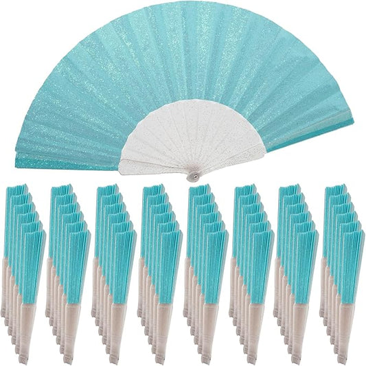 48 Pack Handheld Fan,Folding Hand Glitter Fan with Shining Transparent Fan Rib – Ideal for Wedding, Church, Festival, Dance, Tea Party, Club, and EDM Accessories, Sky Blue