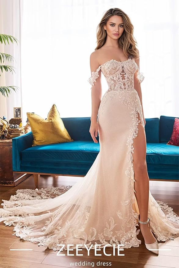 Zeeyecie Mermaid Tulle Wedding Dresses Lace Applique Corset V-Neck Sparkly Bridal Gowns with Train for Brides