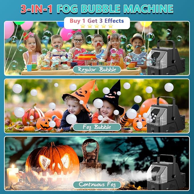 Fog Machine, 3-in-1 Fog Bubble Machine, 450W Smoke Bubble Maker with Remote Control, Make Colorful Bubbles | Fog Bubbles | Continuous Smoke for Stage Wedding Photography Holiday Party